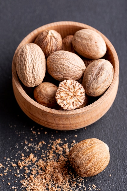 High angle of nutmeg in bowl