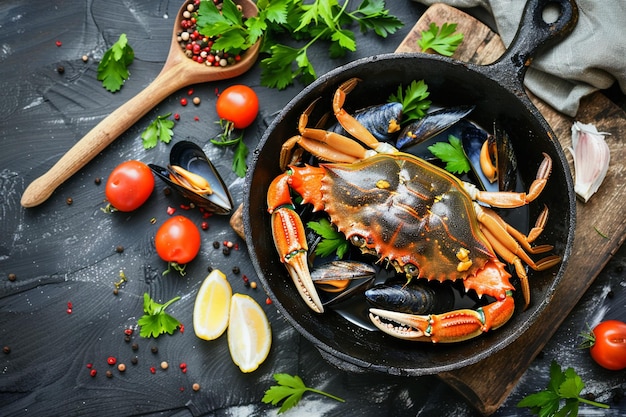 Photo high angle of pan with crab and mussels