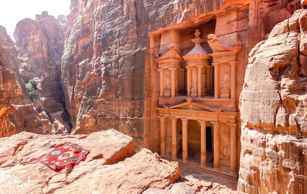 High angle panorama view of Treasury Temple in Petra after sunrise