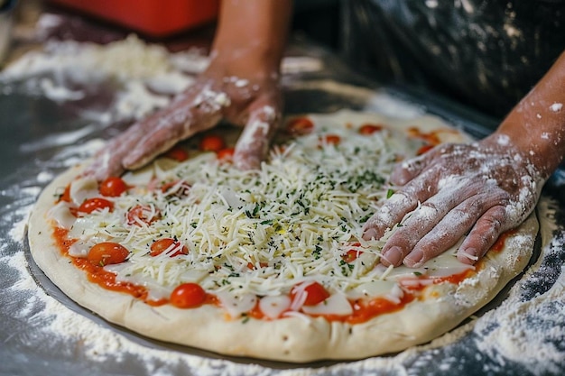 High angle people cooking pizza together