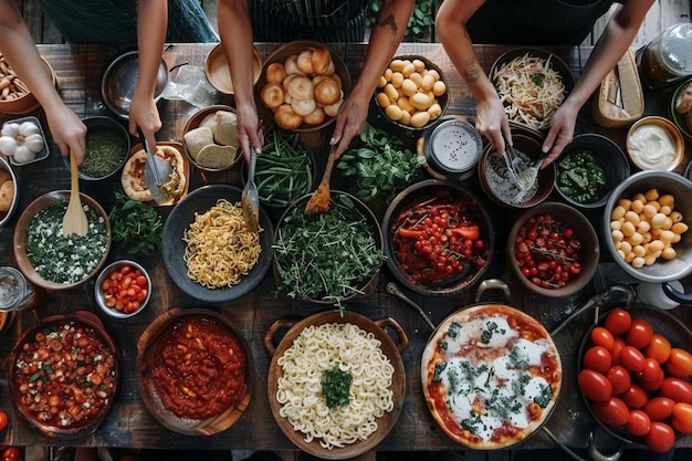 Photo high angle people cooking pizza together