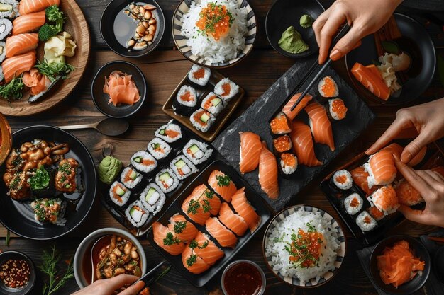 High angle people eating asian food