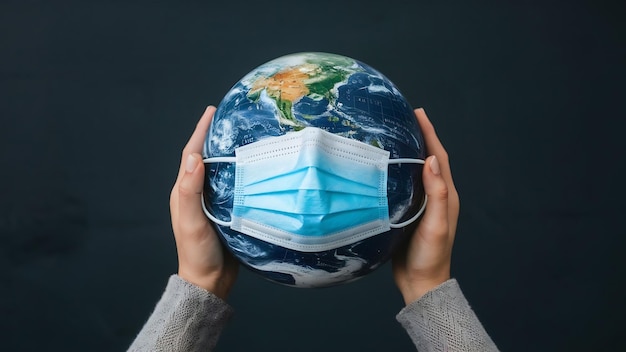 High angle of person holding medical mask with earth globe