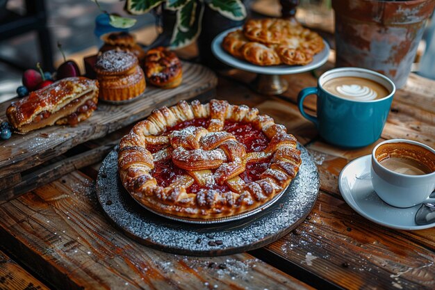 High angle of pie dessert and coffee