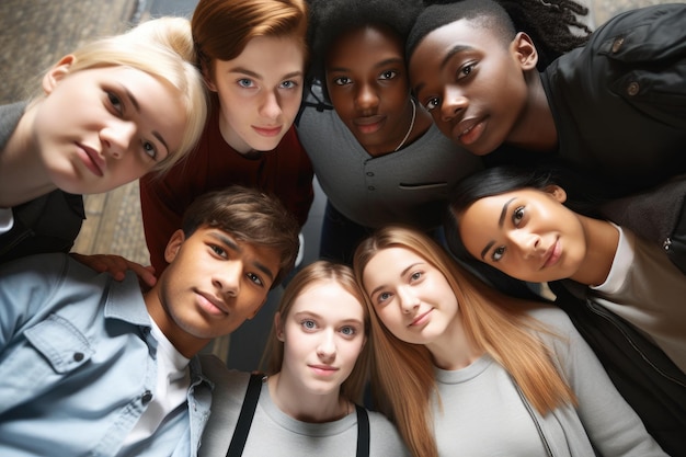 High angle portrait of a group of students standing in a huddle created with generative ai