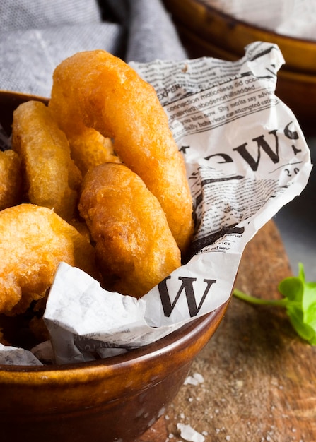 High angle of ring fries in bowl