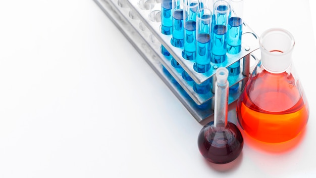 High angle science elements with chemicals arrangement with copy space