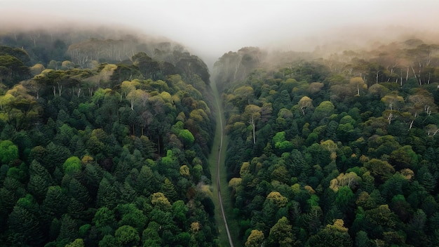 High angle shot of a beautiful forest with a lot of green trees enveloped in fog in new zealand