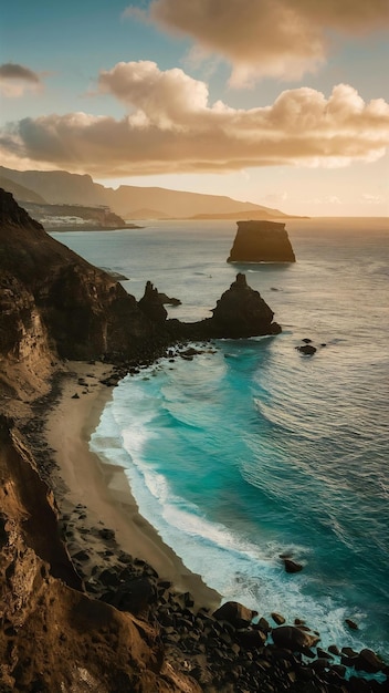 High angle shot of a beautiful sea surrounded by rock formations in the canary islands spain