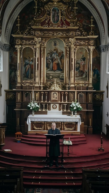 Photo high angle shot of a person preaching the holy bible from the tribune at the altar of the church