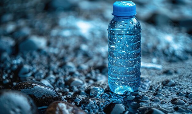 High angle shot of a sports bottle filled with electrolyte drink perspiring with condensation