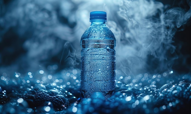 High angle shot of a sports bottle filled with electrolyte drink perspiring with condensation