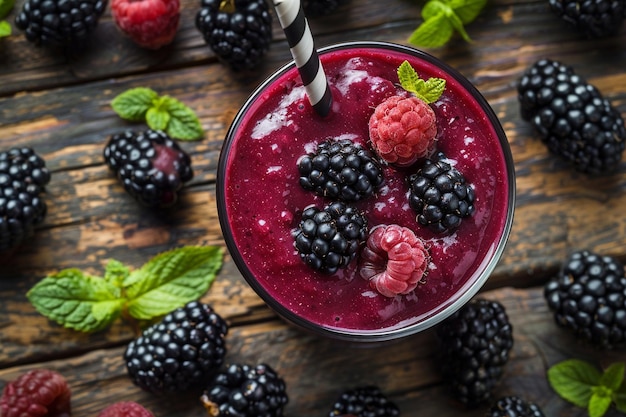 High angle smoothie in glass with blackberries