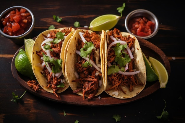 High angle tacos with meat on plate