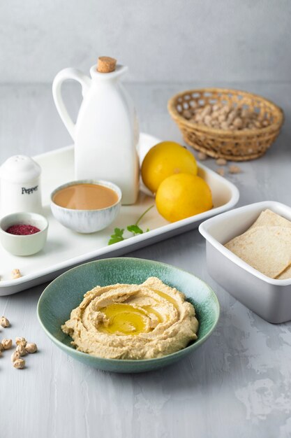 High angle tasty hummus on plate