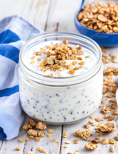 High angle tasty yogurt jar with cereals