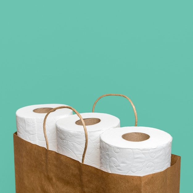 High angle of toilet paper rolls in paper bag with copy space