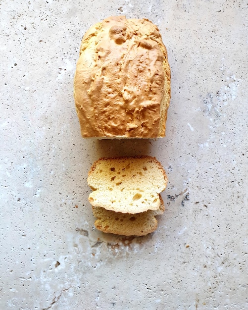 High angle view of artisan bread on stone table