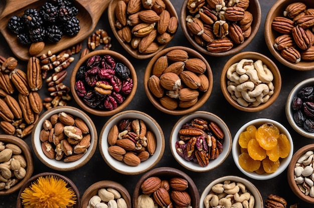 High Angle View of Assorted Nuts and Dried Fruits in Bowls with Pecan