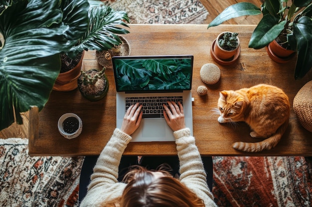 High Angle View of Beautiful Woman Working from Home on Laptop with Orange Cat on Table