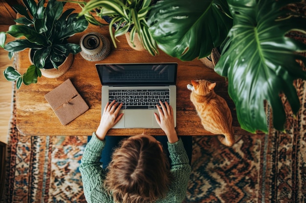 High Angle View of Beautiful Woman Working from Home on Laptop with Orange Cat on Table