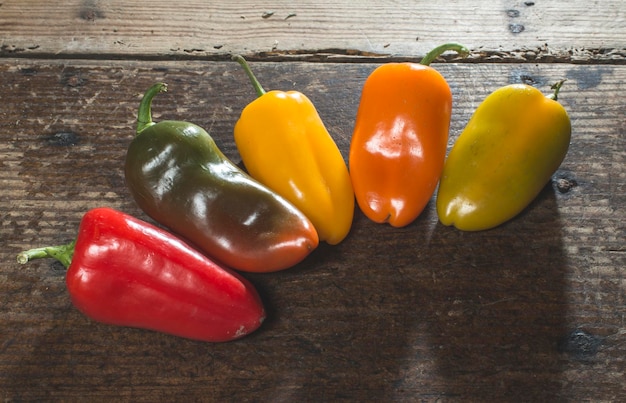 High angle view of bell peppers on table