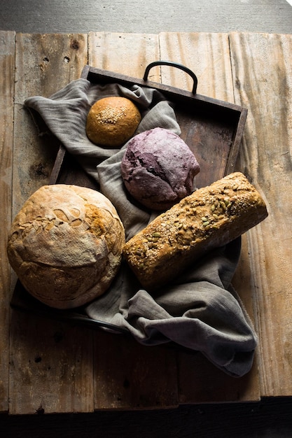 High angle view of bread on cutting board