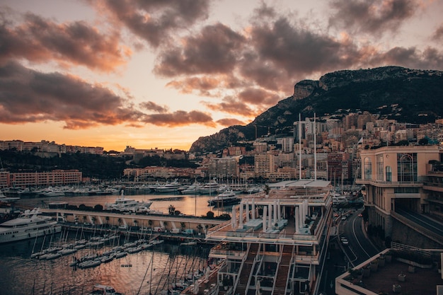 High angle view of buildings against sky during sunset