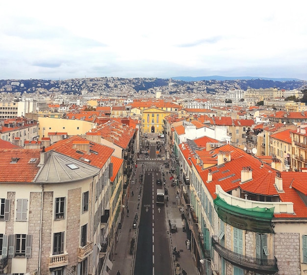 High angle view of buildings in city