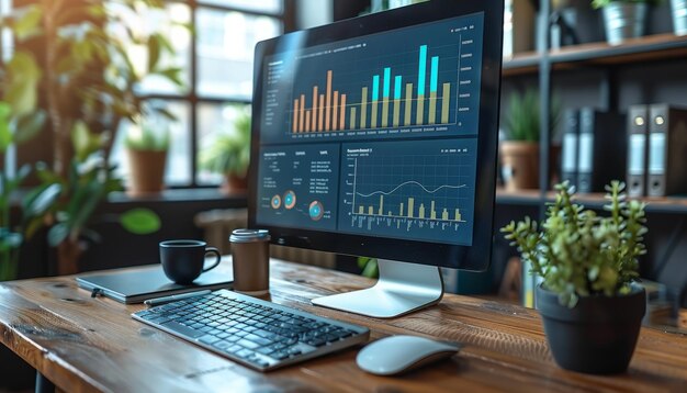 Photo high angle view of a business analyst analyzing benchmarking data and operational kpis on a