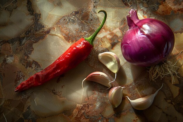 Photo high angle view of chili pepper garlic and onion