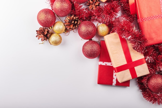 High angle view of christmas decorations against white background