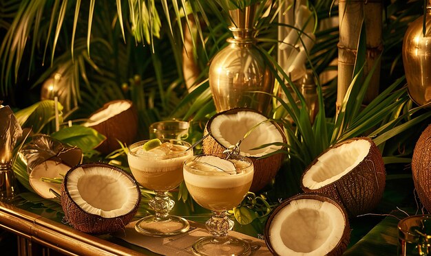 High Angle View of Coconut Drinks on a Tropical Beach