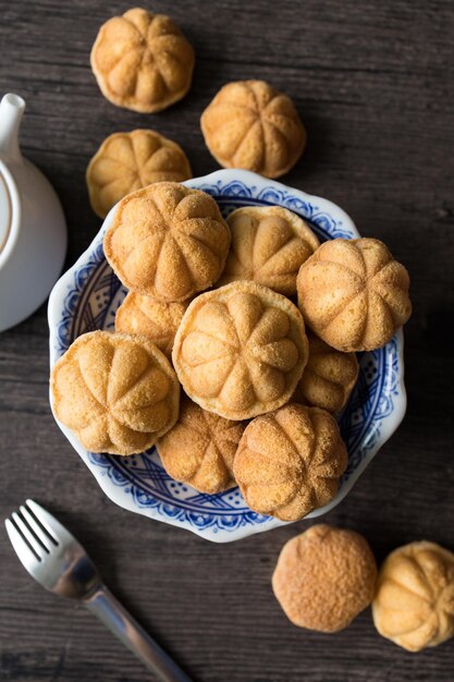 High angle view of cookies in plate on table