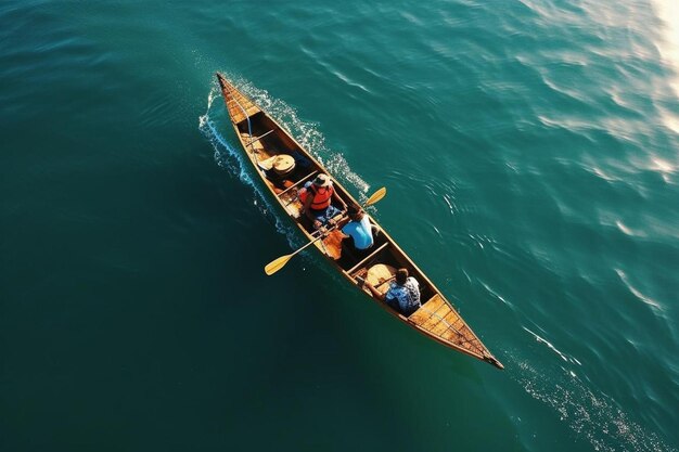 High angle view of couple canoeing in sea