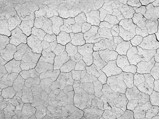 High angle view of crack soil ground in black and white photography