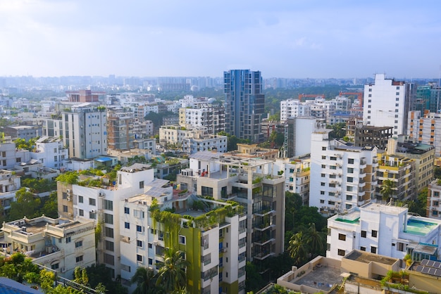 High angle view of dhaka city residential and financial buildings at sunny day