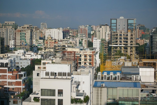 High angle view of dhaka city residential and financial buildings at sunny day