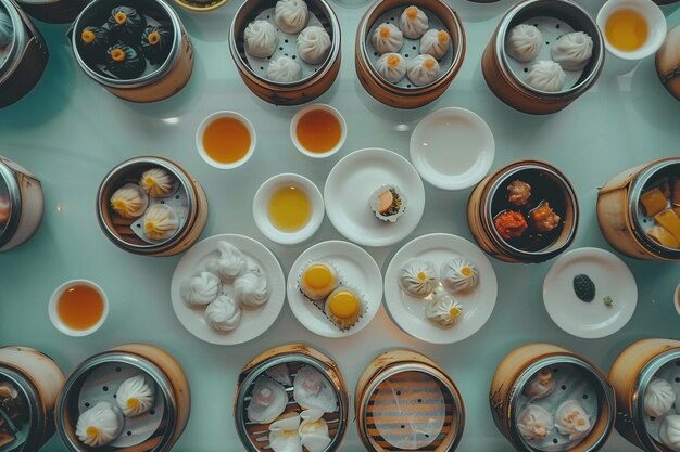 Photo high angle view of dim sum served on table in restaurant