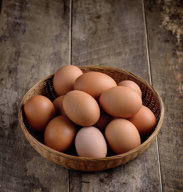 High angle view of eggs in basket on table