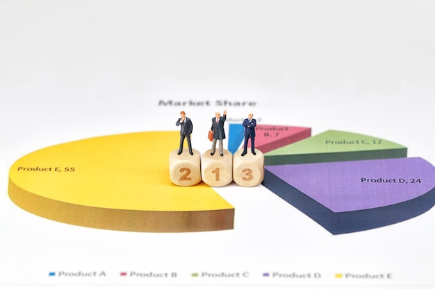 Photo high angle view of figurines on pie chart against white background