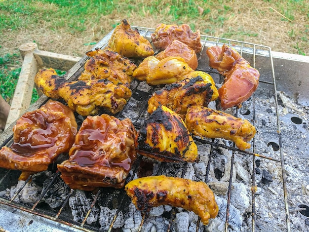 High angle view of food on barbecue grill