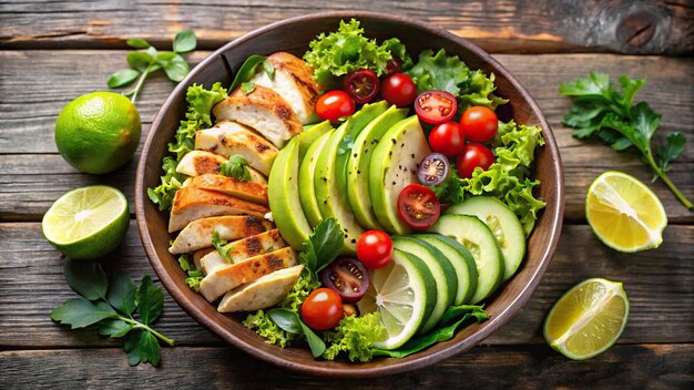 Photo high angle view of a healthy salad bowl with tomatoes chicken avocado lime and mixed greens lettuce