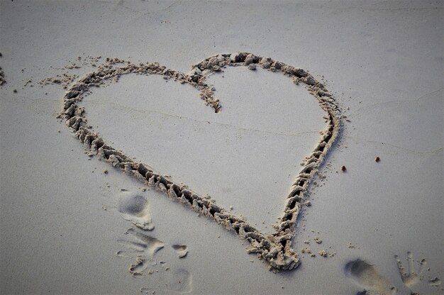 High angle view of heart shape on sand