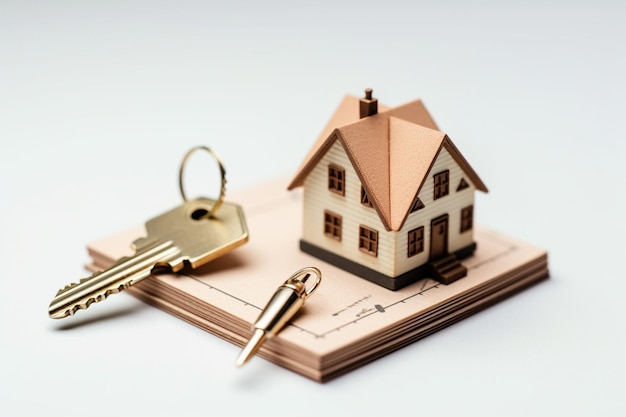 High angle view of house model near spiral notepad with keys and pen over white background