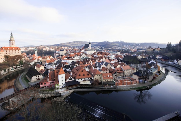 High angle view of houses and river in city