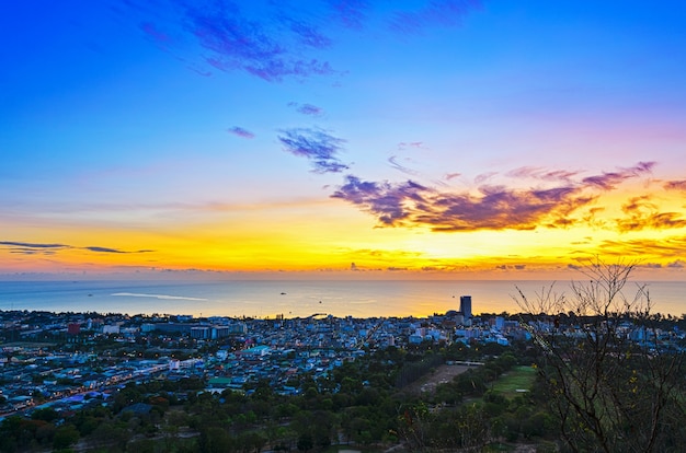 High angle view Hua Hin city at sunrise beautiful scenery town seaside in Prachuap Khiri Khan Province of Thailand.