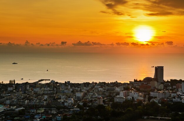 High angle view Hua Hin city at sunrise beautiful scenery town seaside in Prachuap Khiri Khan Province of Thailand.