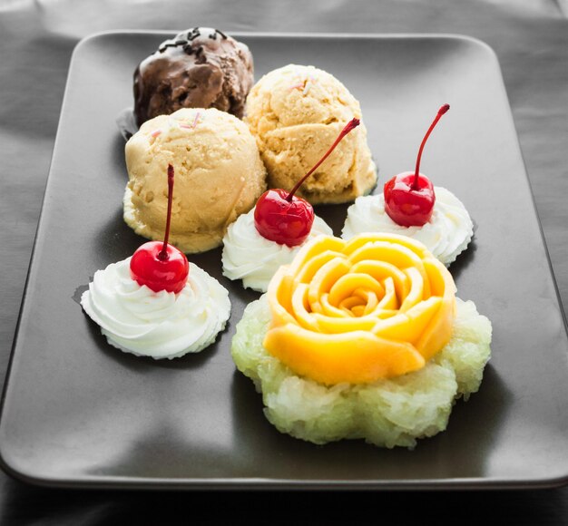 High angle view of ice cream in plate on table