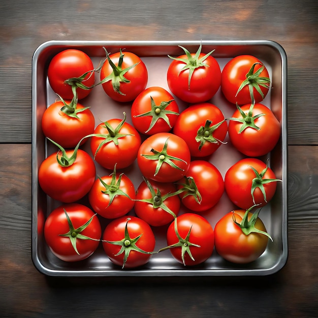 High angle view of juicy red tomatoes in tray